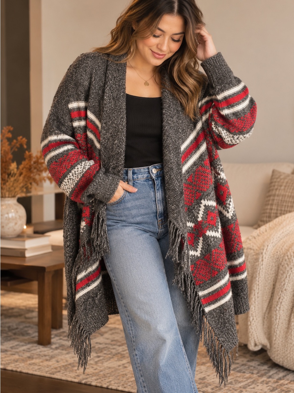 St. John's Bay Charcoal Cozy Fall Outfit Cotton Blend Fringe Open-Front Cardigan